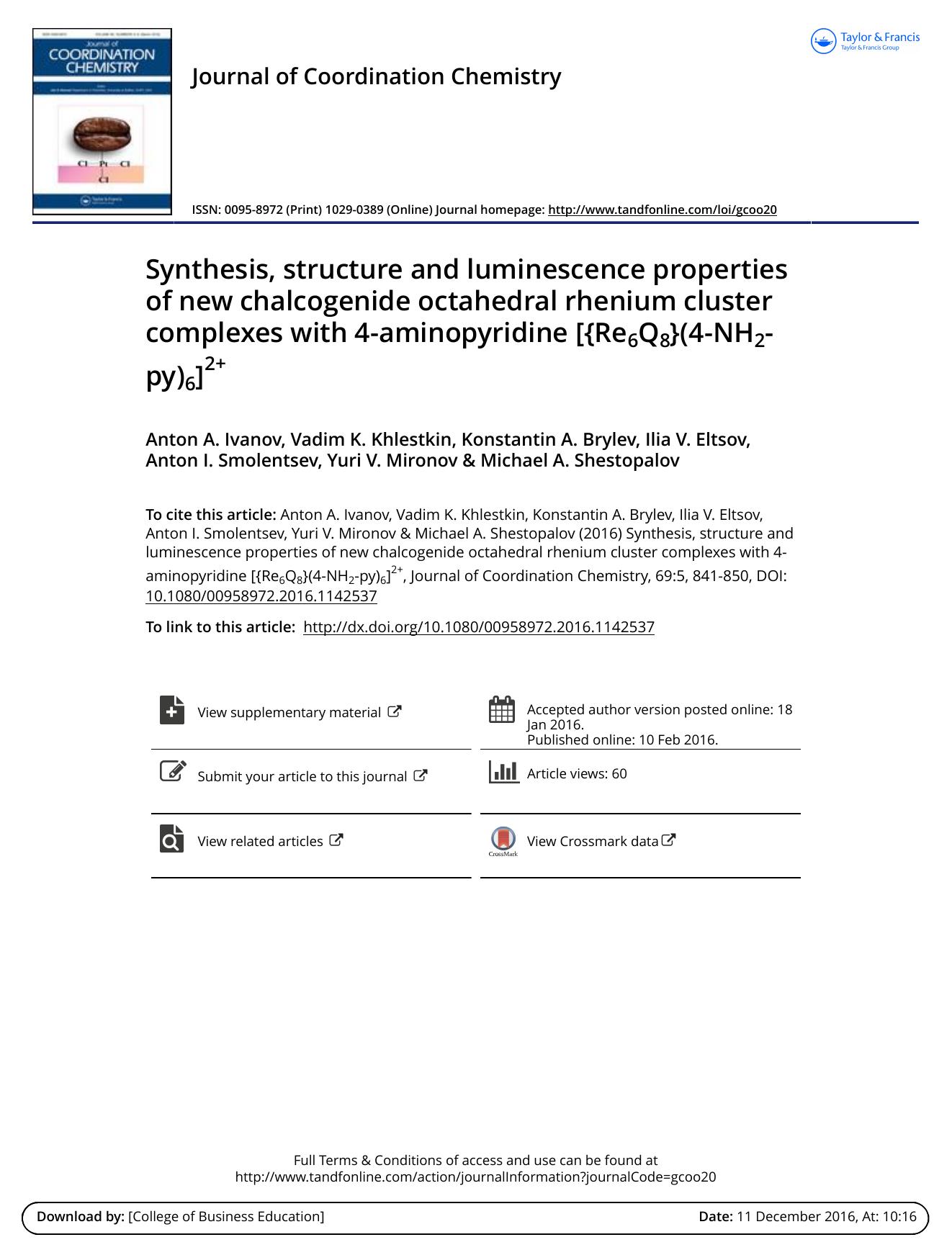 Synthesis, structure and luminescence properties of new chalcogenide octahedral rhenium cluster complexes with 4-aminopyridine [{Re6Q8}(4-NH2-py)6]2+ by unknow