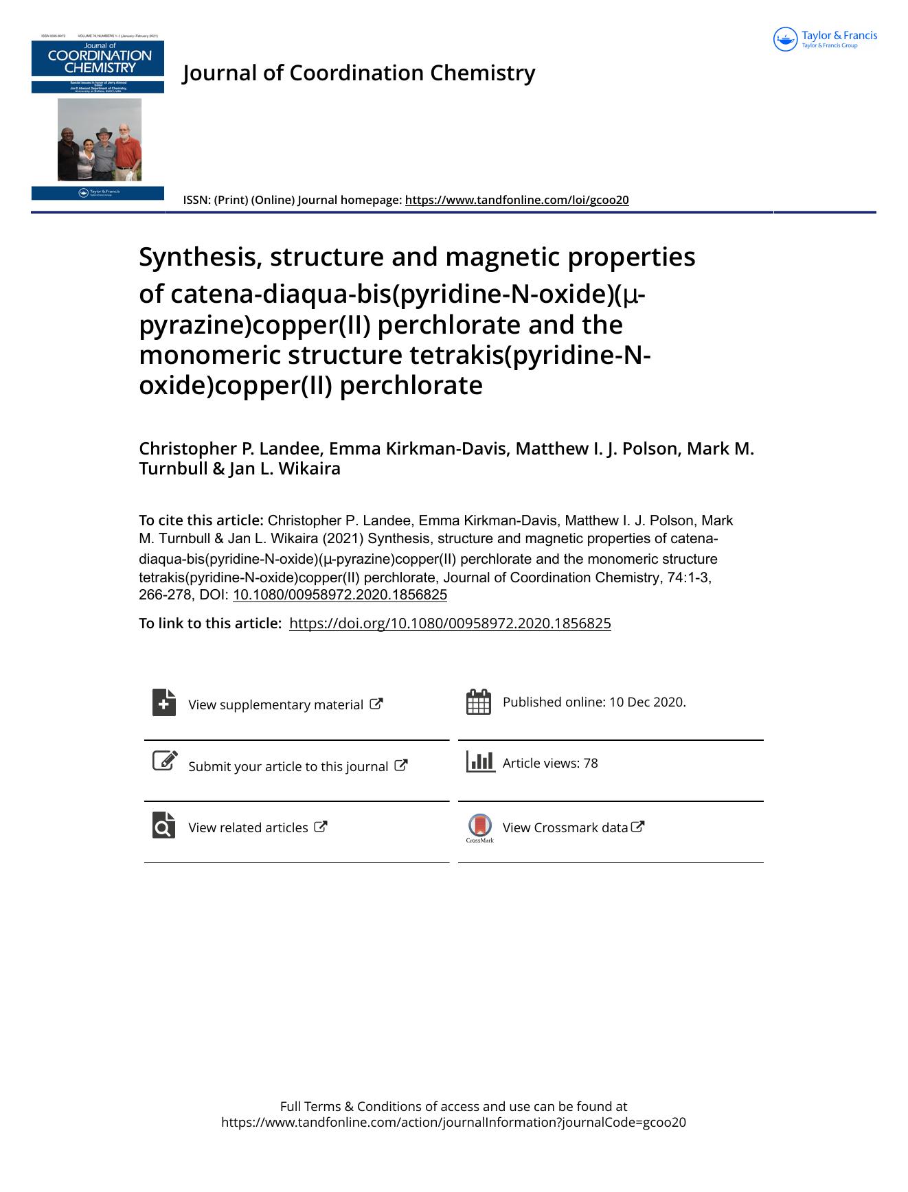 Synthesis, structure and magnetic properties of catena-diaqua-bis(pyridine-N-oxide)(Î¼-pyrazine)copper(II) perchlorate and the monomeric structure tetrakis(pyridine-N-oxide)copper(II) perchlorate by unknow