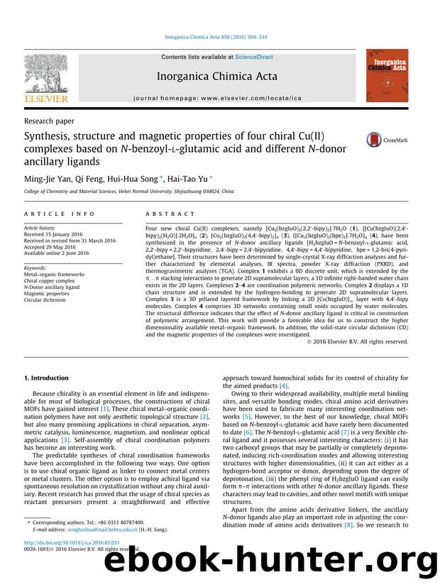 Synthesis, structure and magnetic properties of four chiral Cu(II) complexes based on N-benzoyl-l-glutamic acid and different N-donor ancillary ligands by Ming-Jie Yan & Qi Feng & Hui-Hua Song & Hai-Tao Yu
