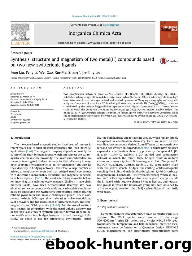 Synthesis, structure and magnetism of two metal(II) compounds based on two new zwitterionic ligands by Feng Liu & Peng Li & Wei Gao & Xiu-Mei Zhang & Jie-Ping Liu
