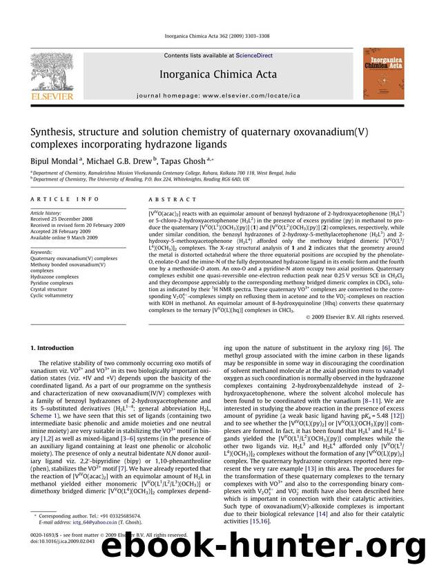 Synthesis, structure and solution chemistry of quaternary oxovanadium(V) complexes incorporating hydrazone ligands by Bipul Mondal; Michael G.B. Drew; Tapas Ghosh