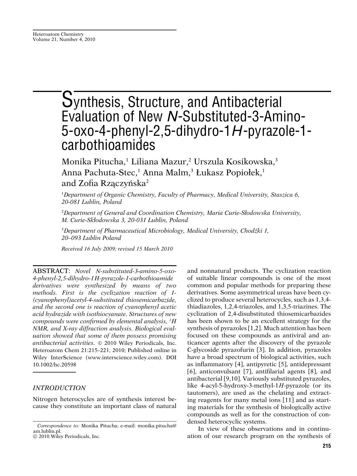Synthesis, structure, and antibacterial evaluation of new N?substituted?3?amino? 5?oxo?4?phenyl?2,5?dihydro?1H?pyrazole?1?carbothioamides by Ambika p PrasadTECHBOOKS