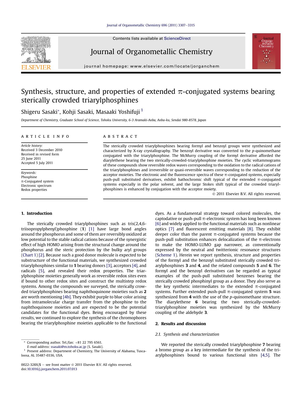 Synthesis, structure, and properties of extended &pi;-conjugated systems bearing sterically crowded triarylphosphines by Shigeru Sasaki & Kohji Sasaki & Masaaki Yoshifuji