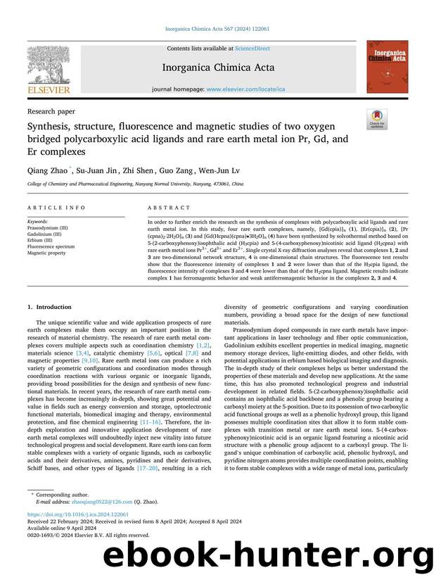 Synthesis, structure, fluorescence and magnetic studies of two oxygen bridged polycarboxylic acid ligands and rare earth metal ion Pr, Gd, and Er complexes by Qiang Zhao & Su-Juan Jin & Zhi Shen & Guo Zang & Wen-Jun Lv