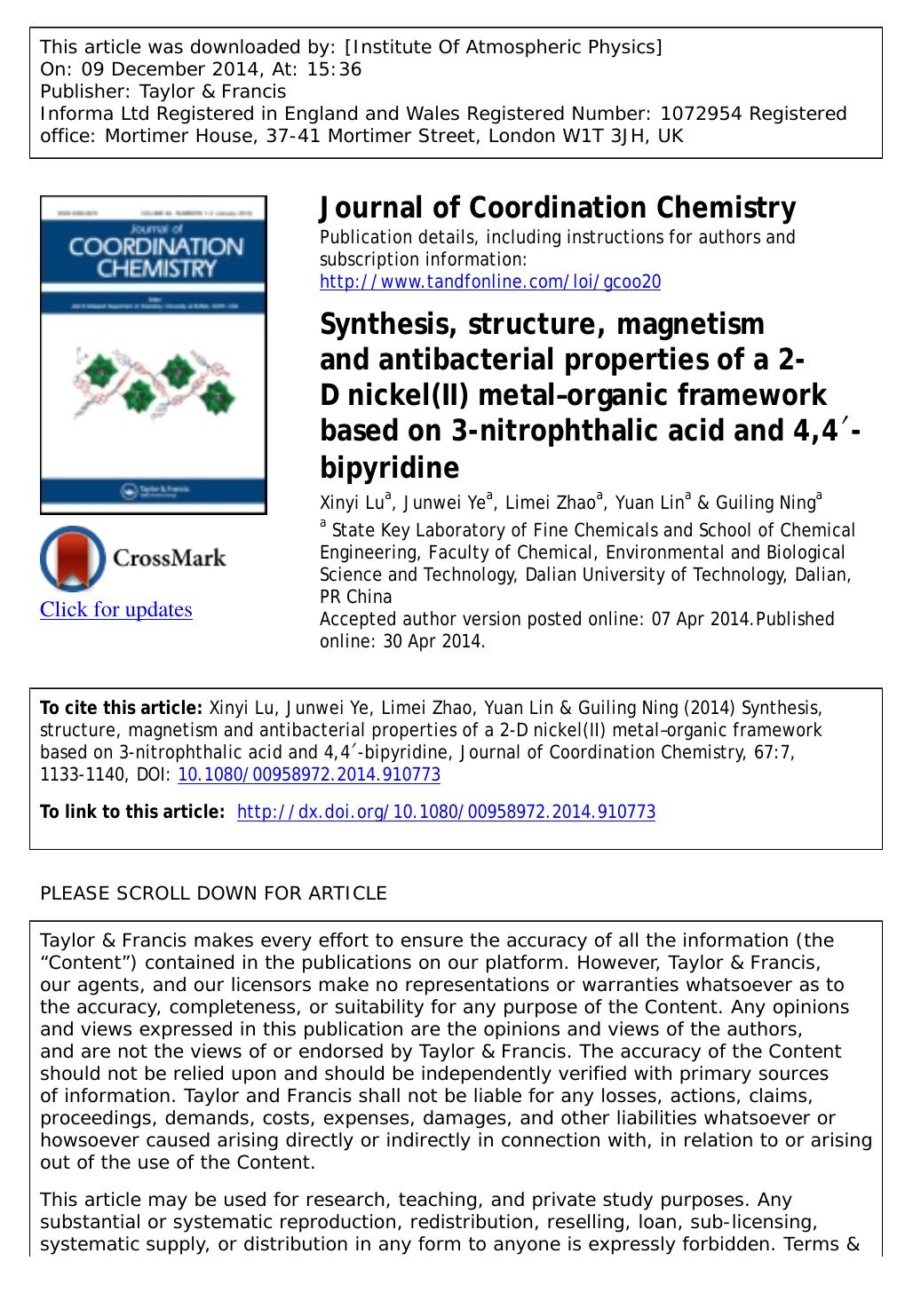 Synthesis, structure, magnetism and antibacterial properties of a 2-D nickel(II) metalâorganic framework based on 3-nitrophthalic acid and 4,4â²-bipyridine by Xinyi Lu