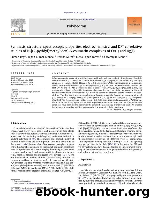 Synthesis, structure, spectroscopic properties, electrochemistry, and DFT correlative studies of N-[(2-pyridyl)methyliden]-6-coumarin complexes of Cu(I) and Ag(I) by Suman Roy & Tapan Kumar Mondal & Partha Mitra & Elena Lopez Torres & Chittaranjan Sinha
