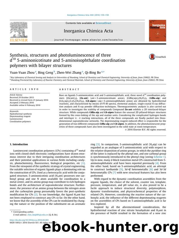 Synthesis, structures and photoluminescence of three d10 5-aminonicotinate and 5-aminoisophthalate coordination polymers with bilayer structures by Yuan-Yuan Zhou & Bing Geng & Zhen-Wei Zhang & Qi-Bing Bo