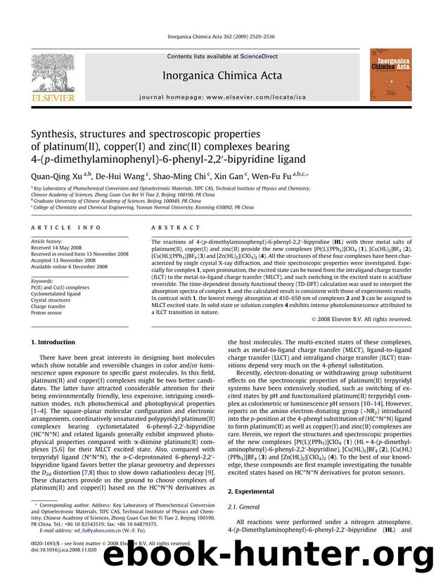 Synthesis, structures and spectroscopic properties of platinum(II), copper(I) and zinc(II) complexes bearing 4-(p-dimethylaminophenyl)-6-phenyl-2,2â²-bipyridine ligand by Quan-Qing Xu; De-Hui Wang; Shao-Ming Chi; Xin Gan; Wen-Fu Fu