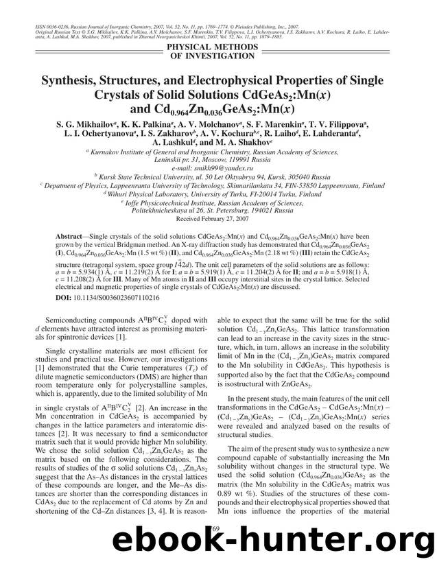 Synthesis, structures, and electrophysical properties of single crystals of solid solutions CdGeAs<Subscript>2<Subscript>:Mn(<Emphasis Type="Italic">x<Emphasis>) and Cd<Subscript>0 by Unknown