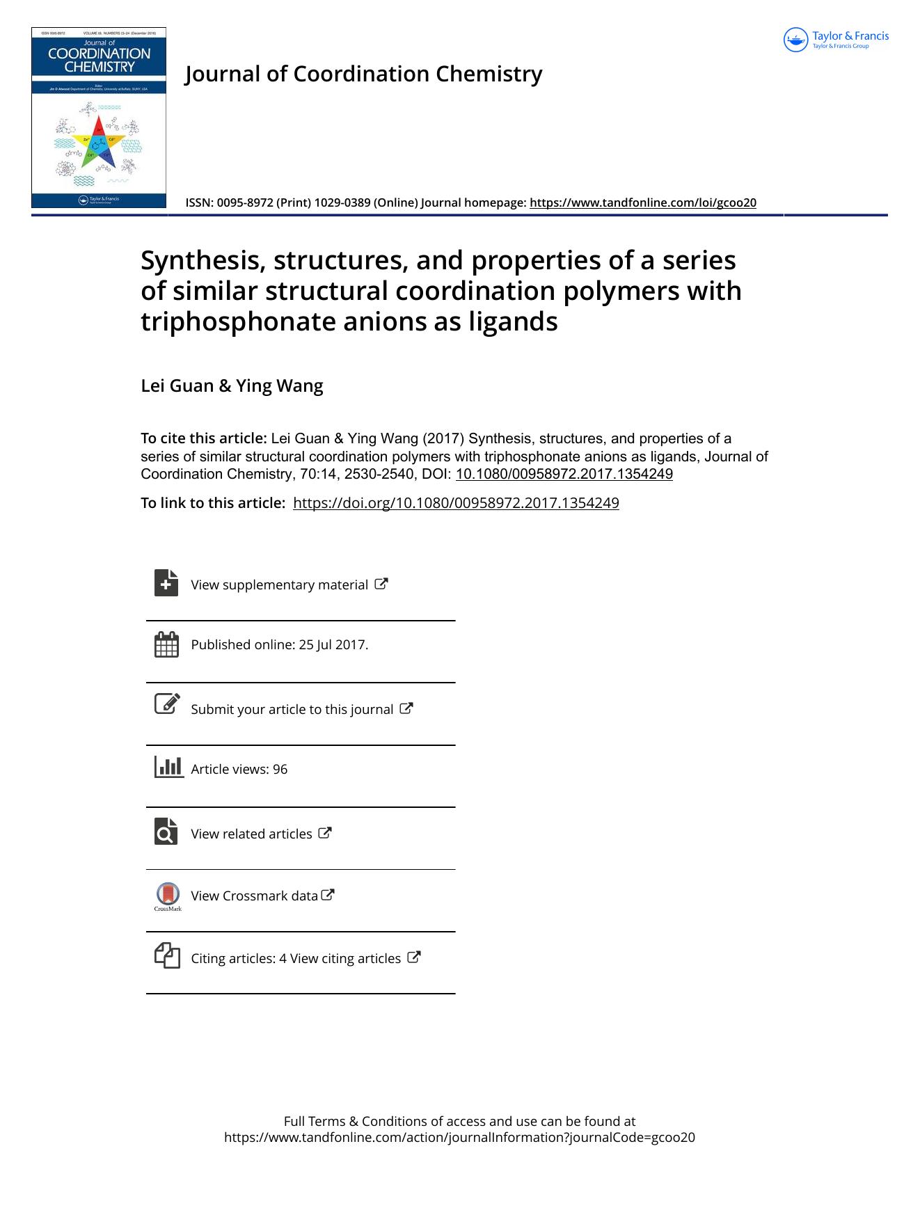 Synthesis, structures, and properties of a series of similar structural coordination polymers with triphosphonate anions as ligands by Lei Guan & Ying Wang