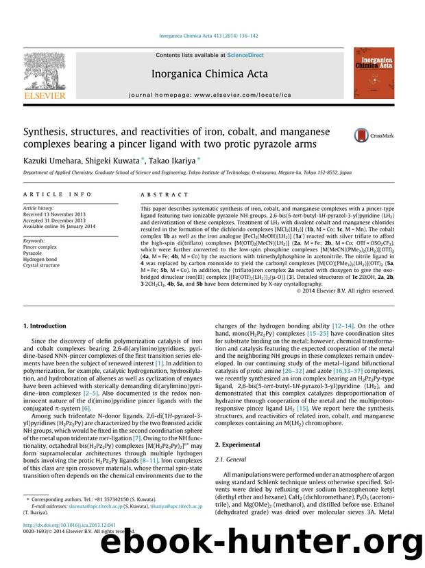Synthesis, structures, and reactivities of iron, cobalt, and manganese complexes bearing a pincer ligand with two protic pyrazole arms by Kazuki Umehara & Shigeki Kuwata & Takao Ikariya