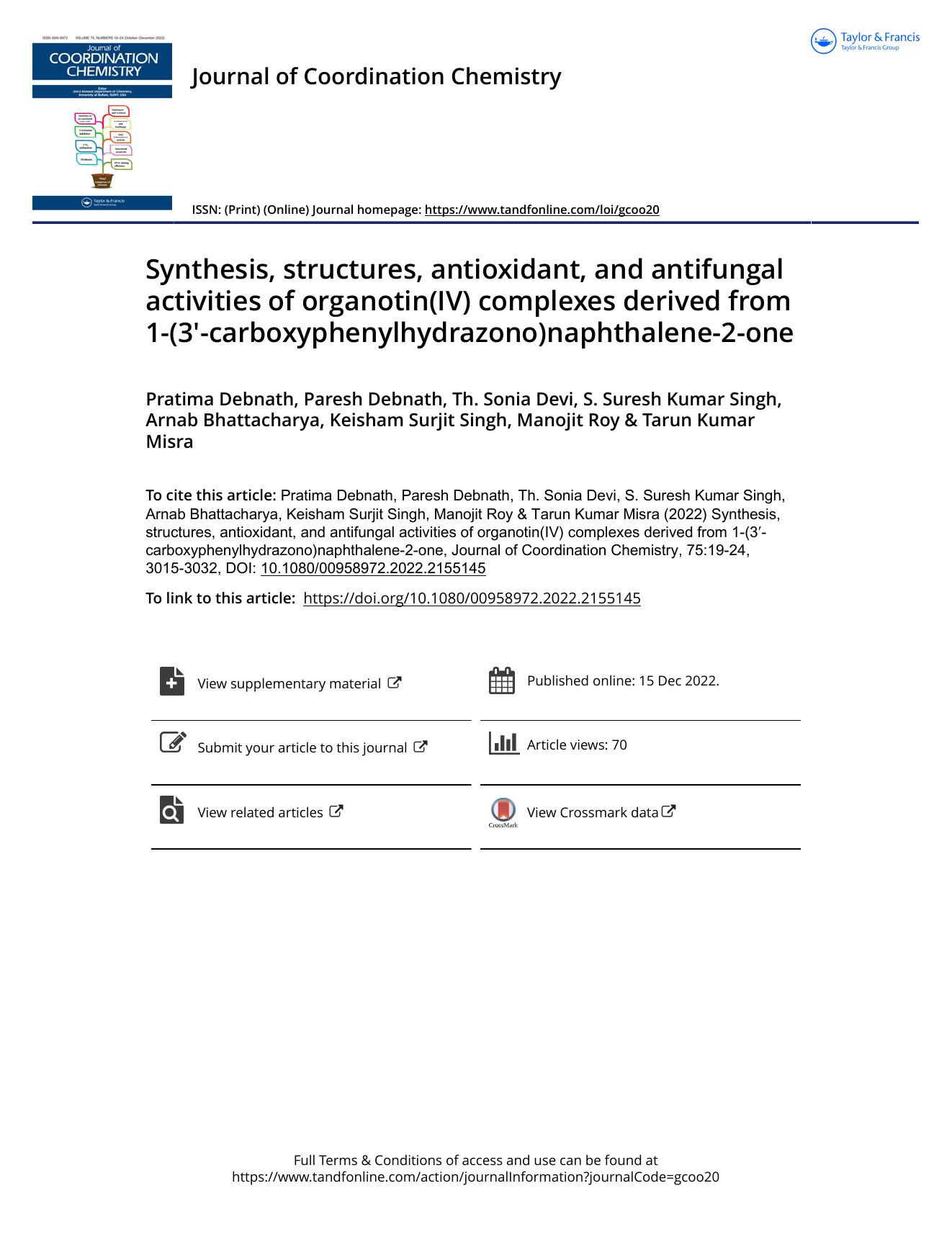 Synthesis, structures, antioxidant, and antifungal activities of organotin(IV) complexes derived from 1-(3â²-carboxyphenylhydrazono)naphthalene-2-one by unknow