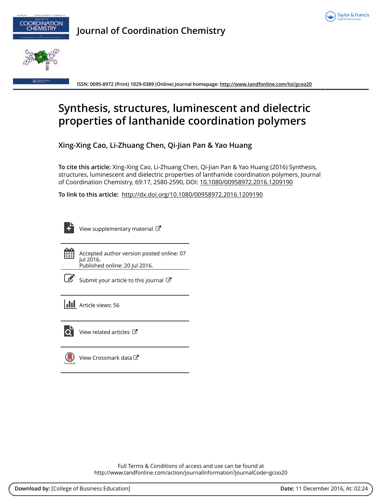 Synthesis, structures, luminescent and dielectric properties of lanthanide coordination polymers by Xing-Xing Cao & Li-Zhuang Chen & Qi-Jian Pan & Yao Huang
