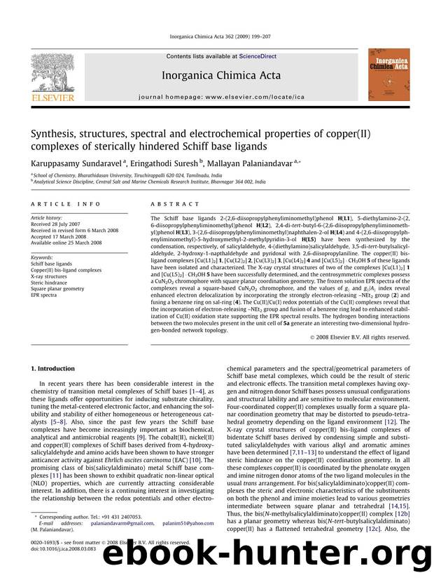 Synthesis, structures, spectral and electrochemical properties of copper(II) complexes of sterically hindered Schiff base ligands by Karuppasamy Sundaravel; Eringathodi Suresh; Mallayan Palaniandavar
