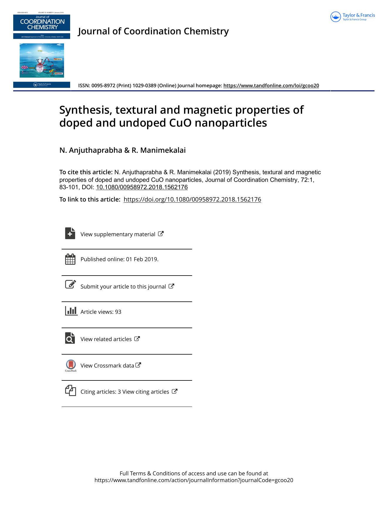 Synthesis, textural and magnetic properties of doped and undoped CuO nanoparticles by Anjuthaprabha N. & Manimekalai R