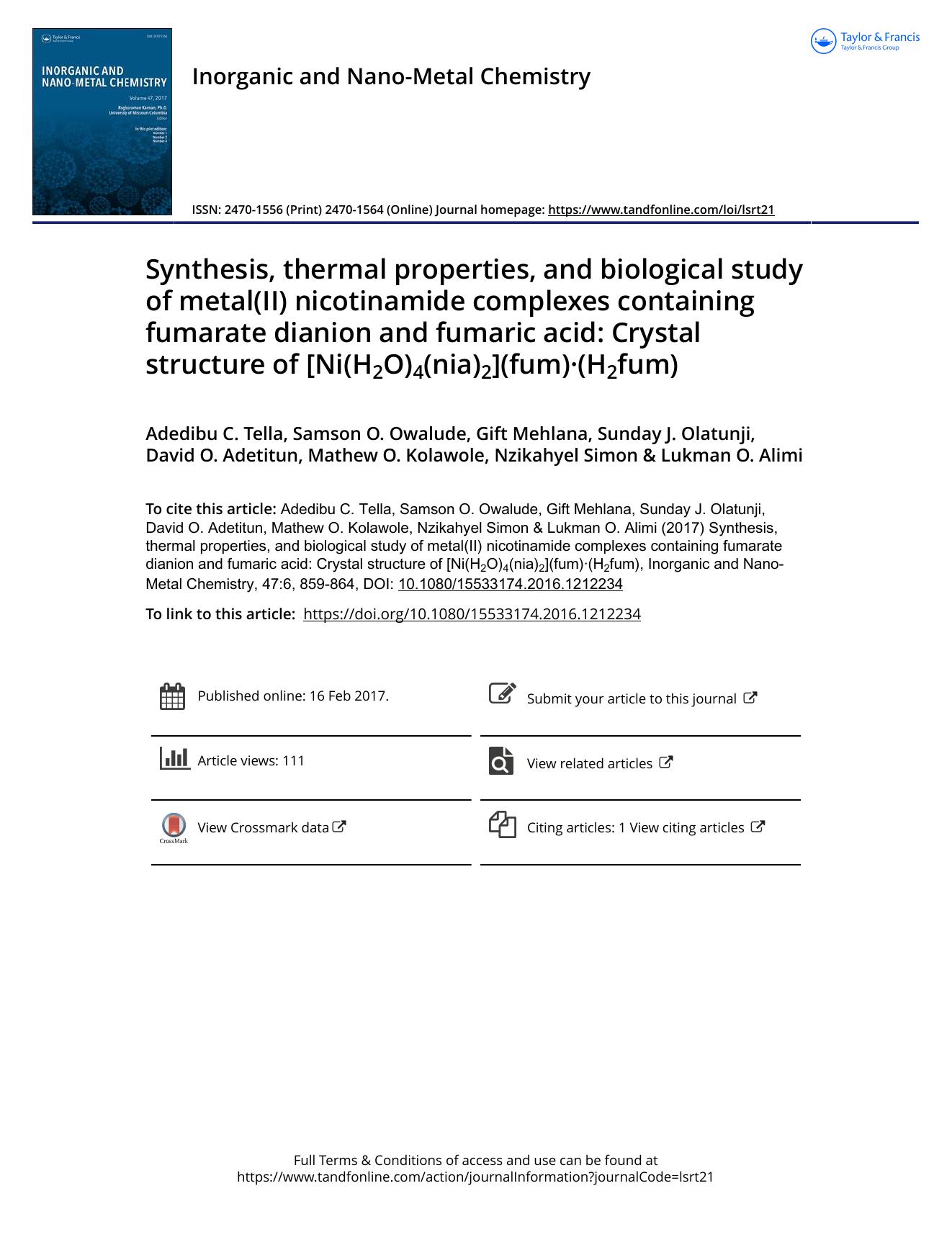 Synthesis, thermal properties, and biological study of metal\(II\) nicotinamide complexes containing fumarate dianion and fumaric acid: Crystal structure of [Ni\(H2O\)4\(nia\)2]\(fum\).\(H2fum\) by unknow