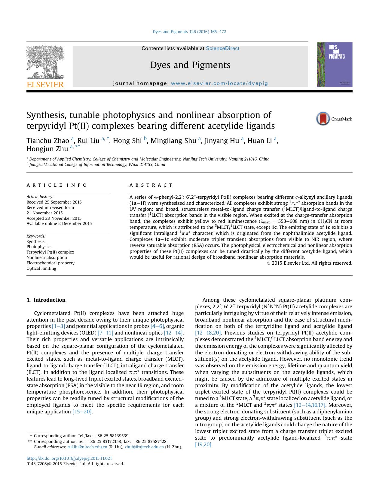 Synthesis, tunable photophysics and nonlinear absorption of terpyridyl Pt(II) complexes bearing different acetylide ligands by Tianchu Zhao & Rui Liu & Hong Shi & Mingliang Shu & Jinyang Hu & Huan Li & Hongjun Zhu