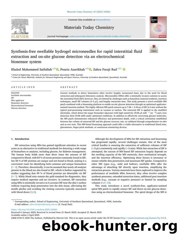 Synthesis-free swellable hydrogel microneedles for rapid interstitial fluid extraction and on-site glucose detection via an electrochemical biosensor system by Khaled Mohammed Saifullah & Pouria Azarikhah & Zahra Faraji Rad