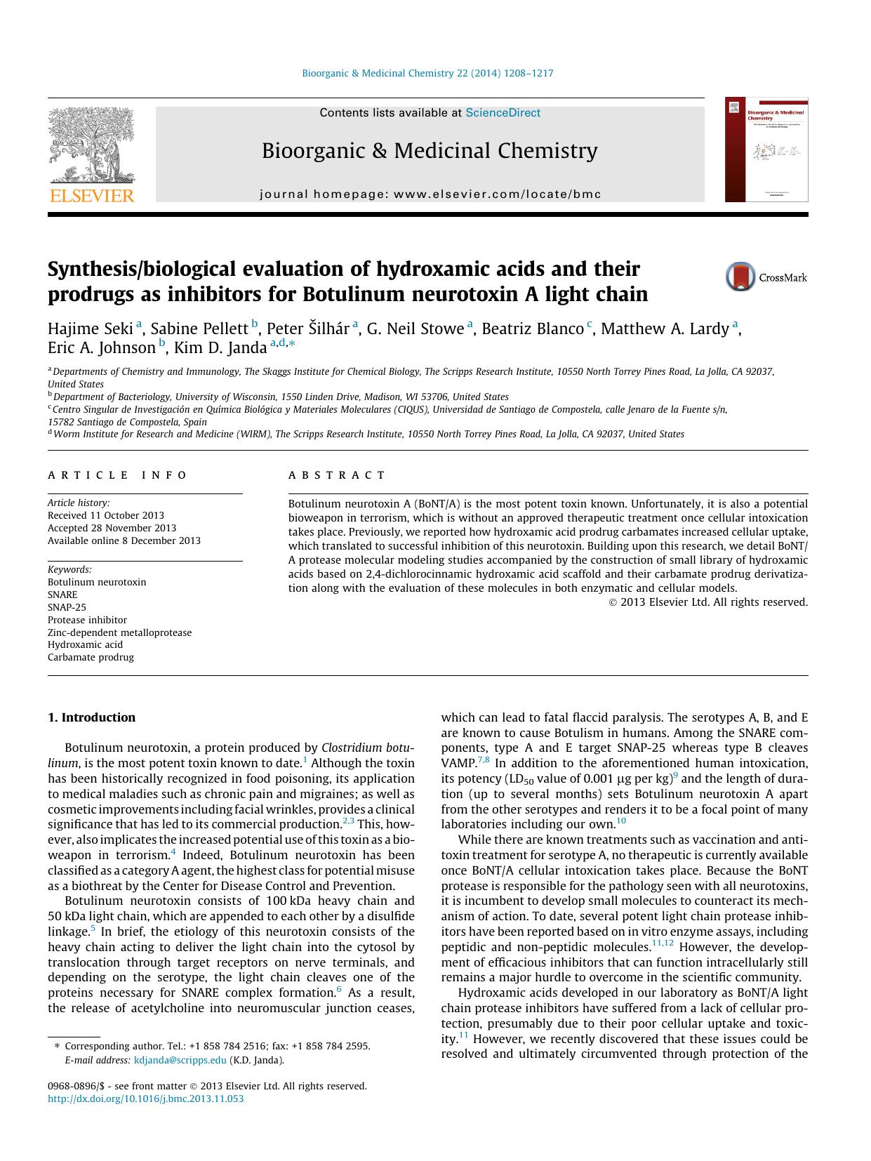 Synthesisbiological evaluation of hydroxamic acids and their prodrugs as inhibitors for Botulinum neurotoxin A light chain by unknow