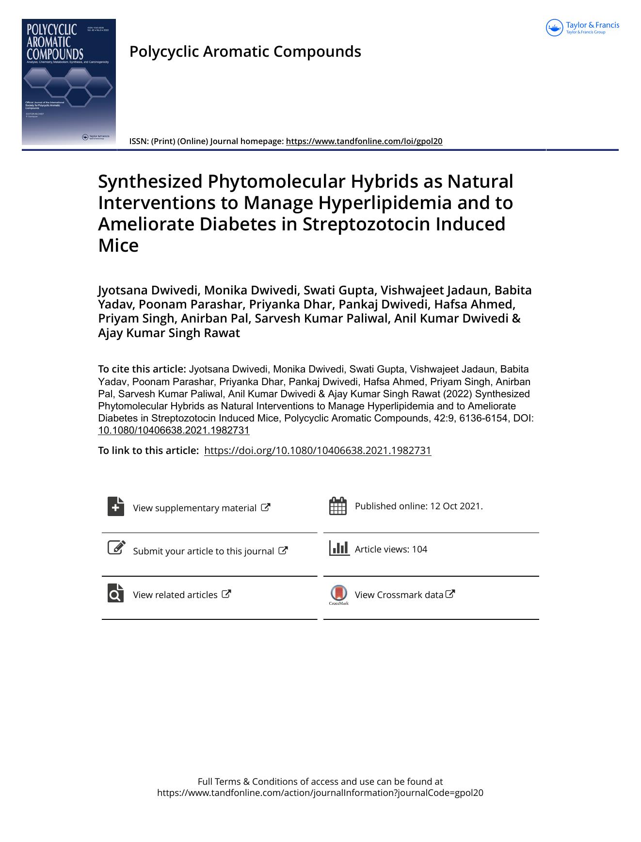 Synthesized Phytomolecular Hybrids as Natural Interventions to Manage Hyperlipidemia and to Ameliorate Diabetes in Streptozotocin Induced Mice by unknow