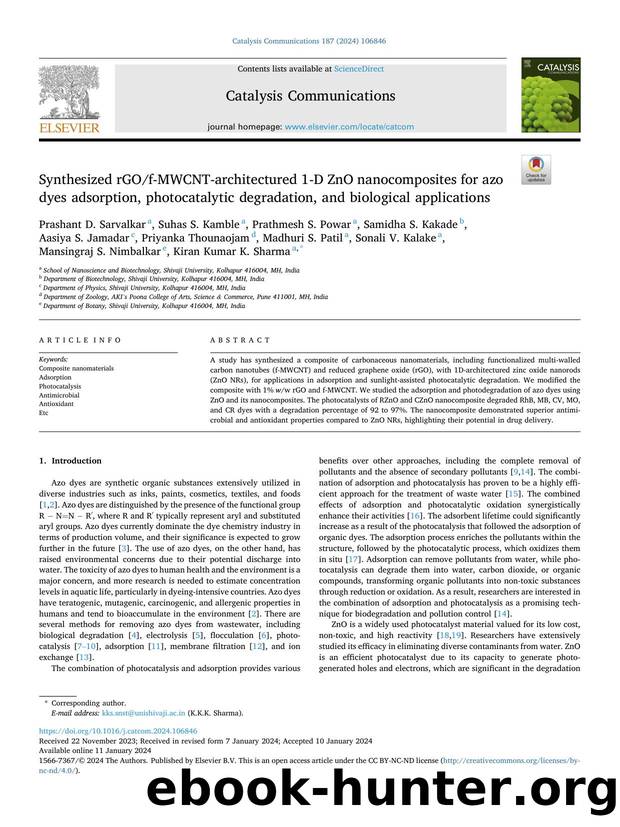 Synthesized rGOf-MWCNT-architectured 1-D ZnO nanocomposites for azo dyes adsorption, photocatalytic degradation, and biological applications by unknow