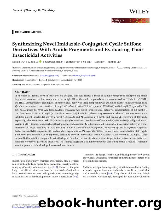 Synthesizing Novel ImidazoleâConjugated Cyclic Sulfone Derivatives with Amide Fragments and Evaluating Their Insecticidal Activities by Unknown