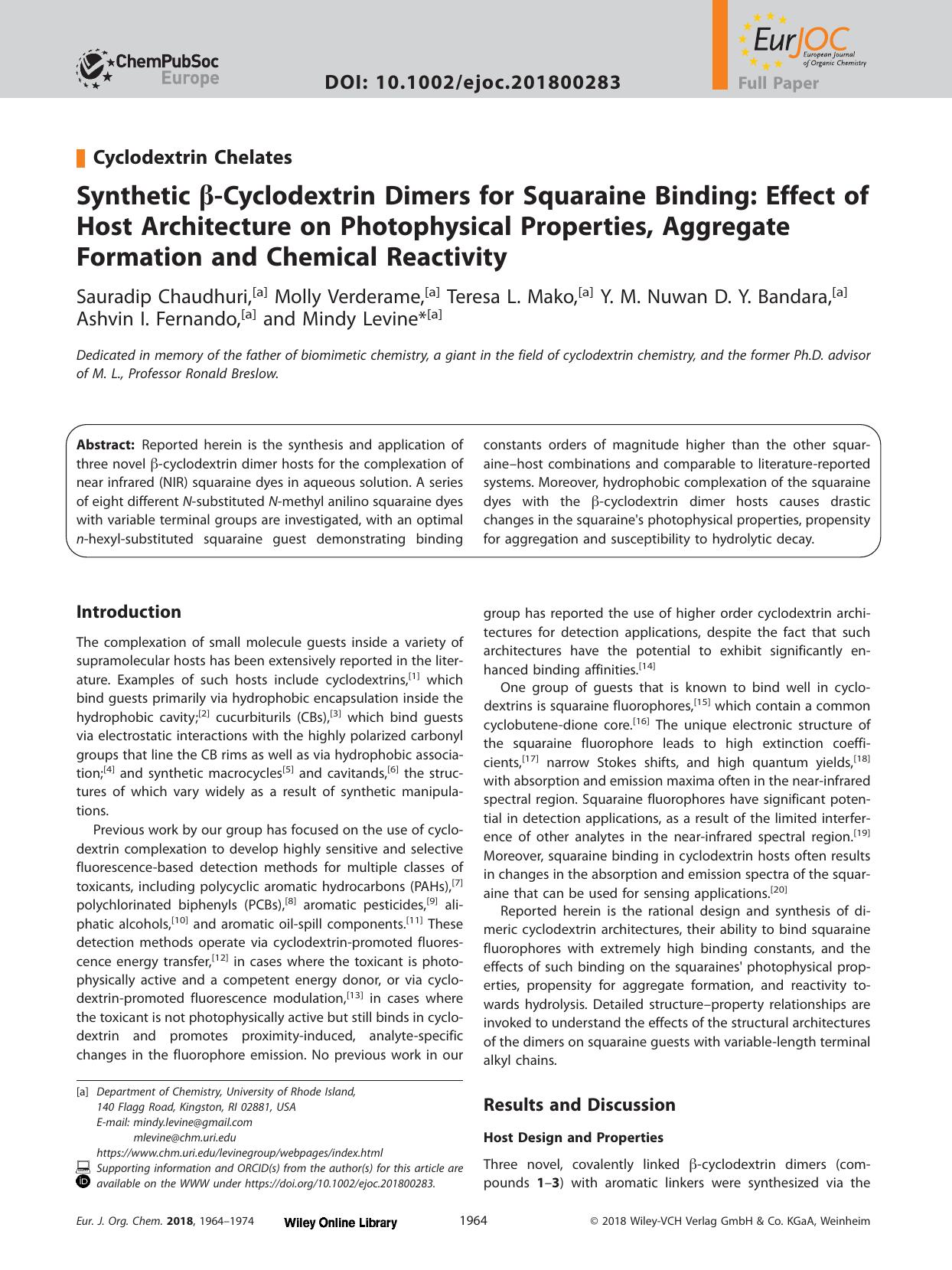 Synthetic β‐Cyclodextrin Dimers for Squaraine Binding: Effect of Host Architecture on Photophysical Properties, Aggregate Formation and Chemical Reactivity by Unknown