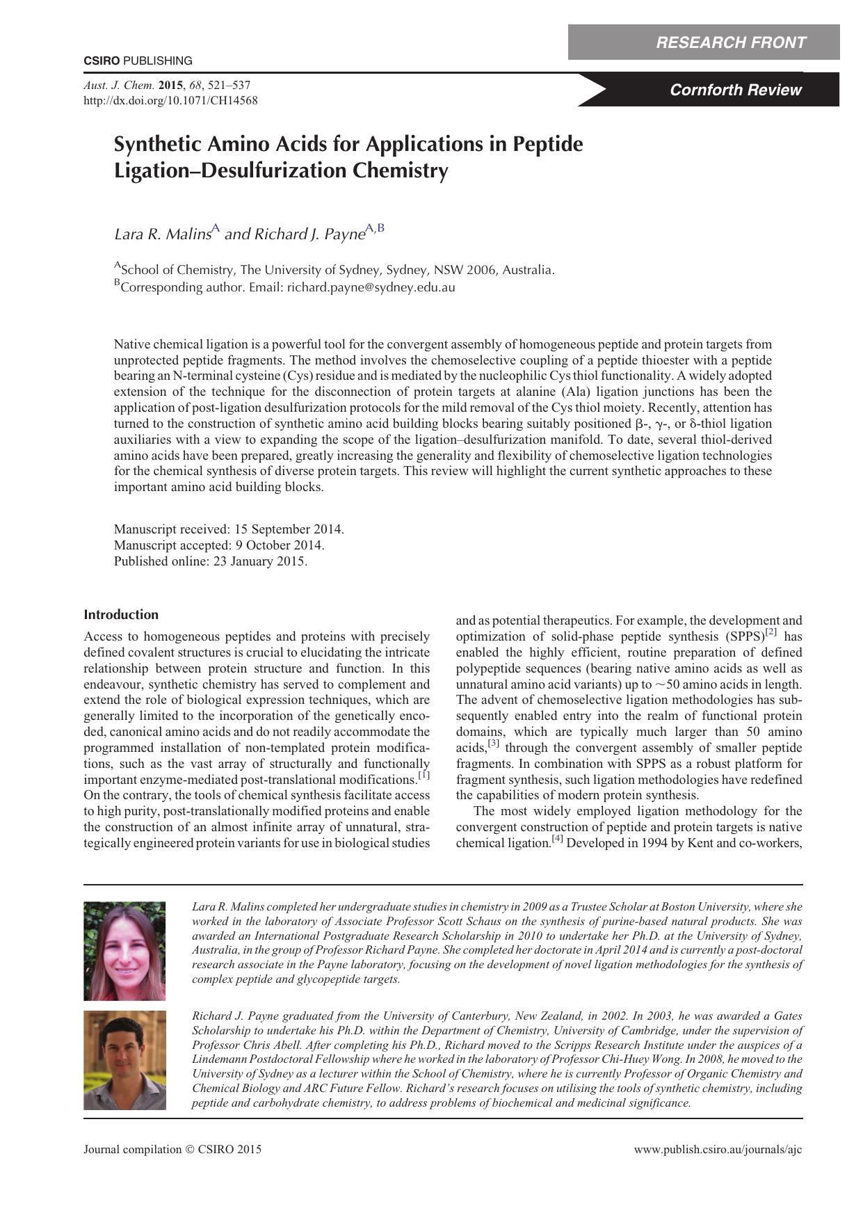 Synthetic Amino Acids for Applications in Peptide Ligation-Desulfurization Chemistry by L. R. Malins and R. J. Payne