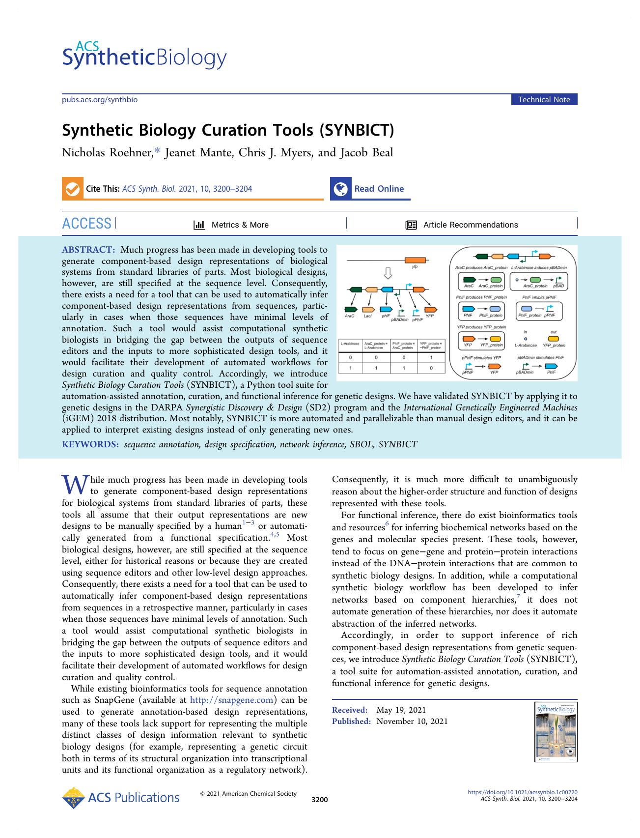 Synthetic Biology Curation Tools (SYNBICT) by Nicholas Roehner Jeanet Mante Chris J. Myers and Jacob Beal