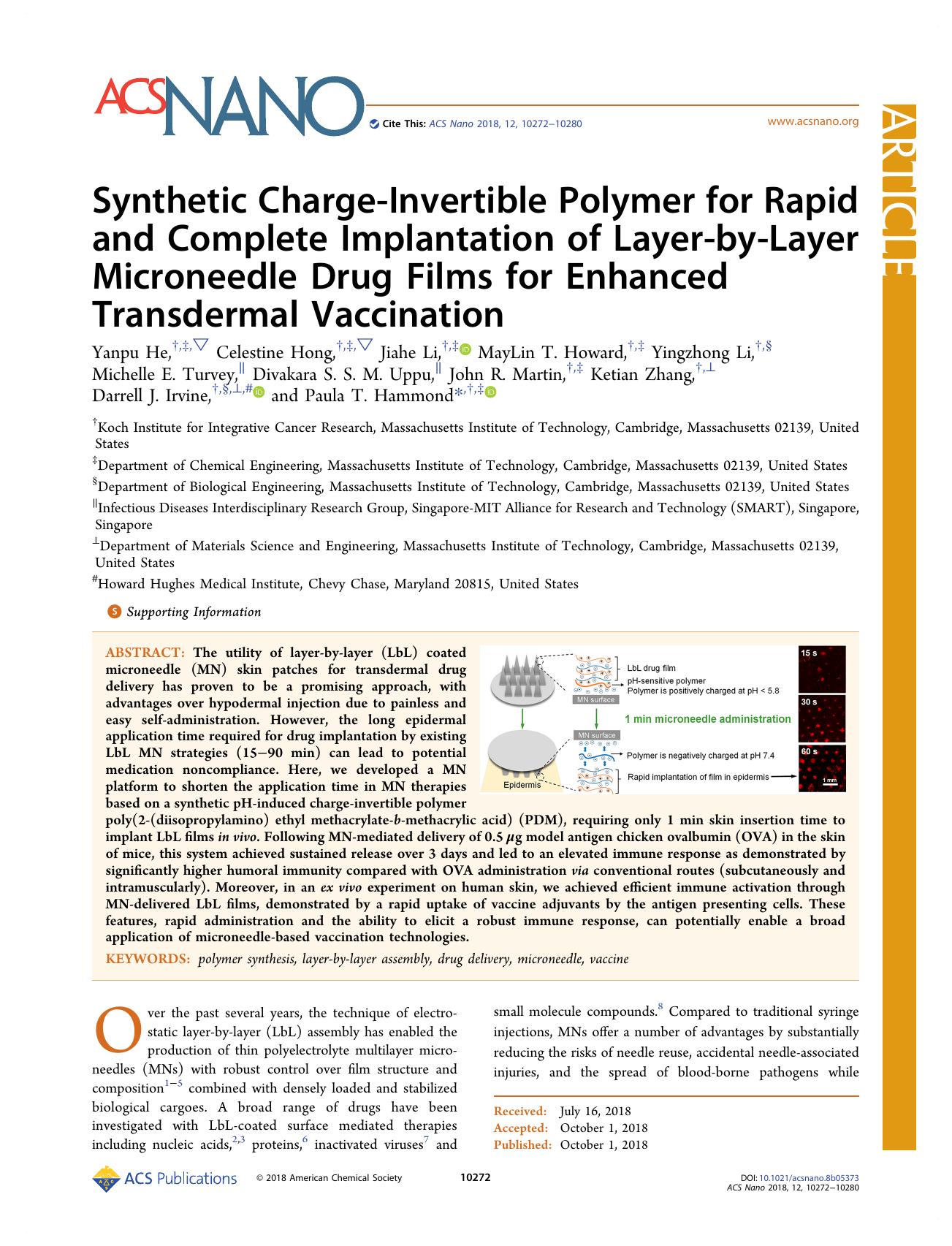 Synthetic Charge-Invertible Polymer for Rapid and Complete Implantation of Layer-by-Layer Microneedle Drug Films for Enhanced Transdermal Vaccination by unknow