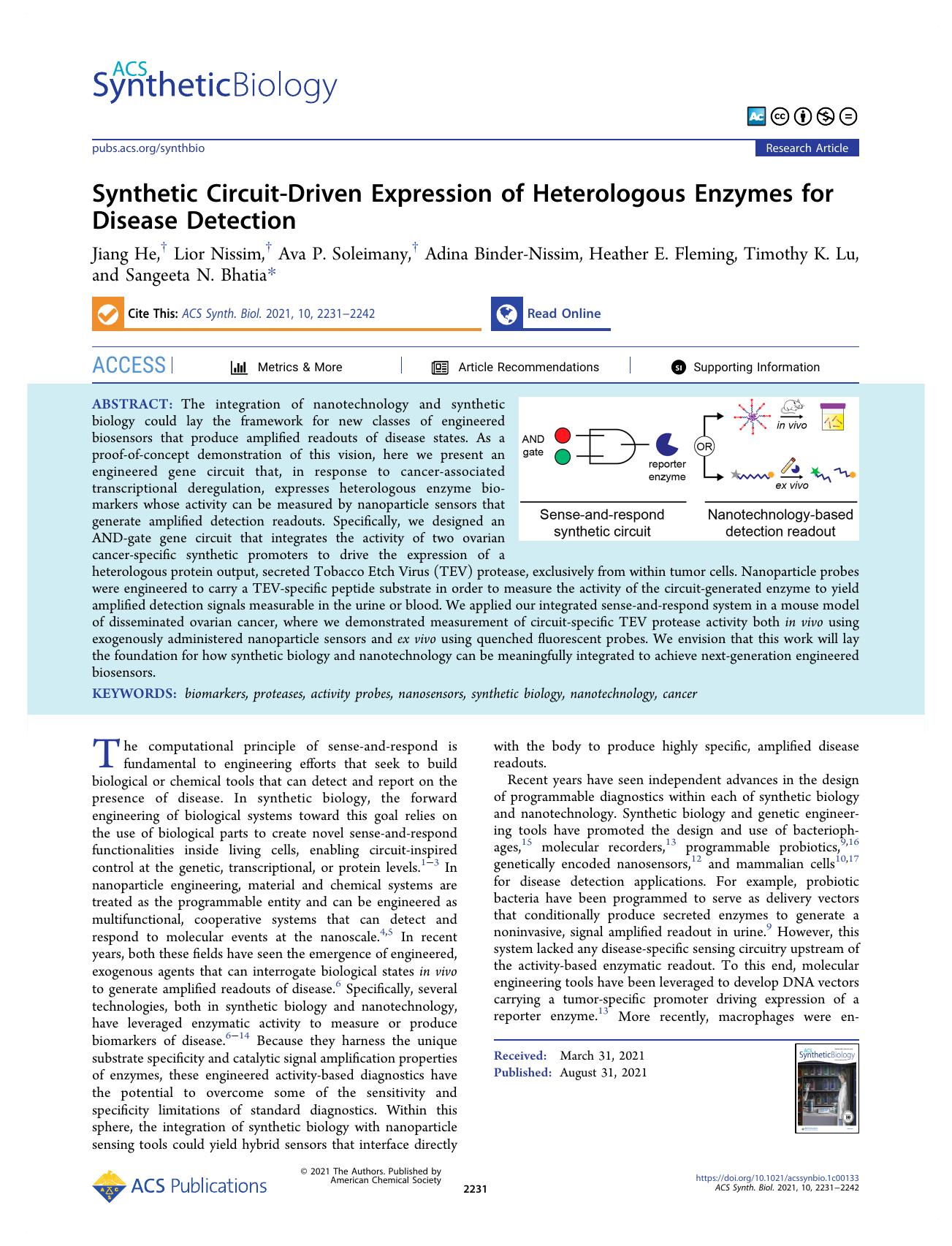 Synthetic Circuit-Driven Expression of Heterologous Enzymes for Disease Detection by unknow