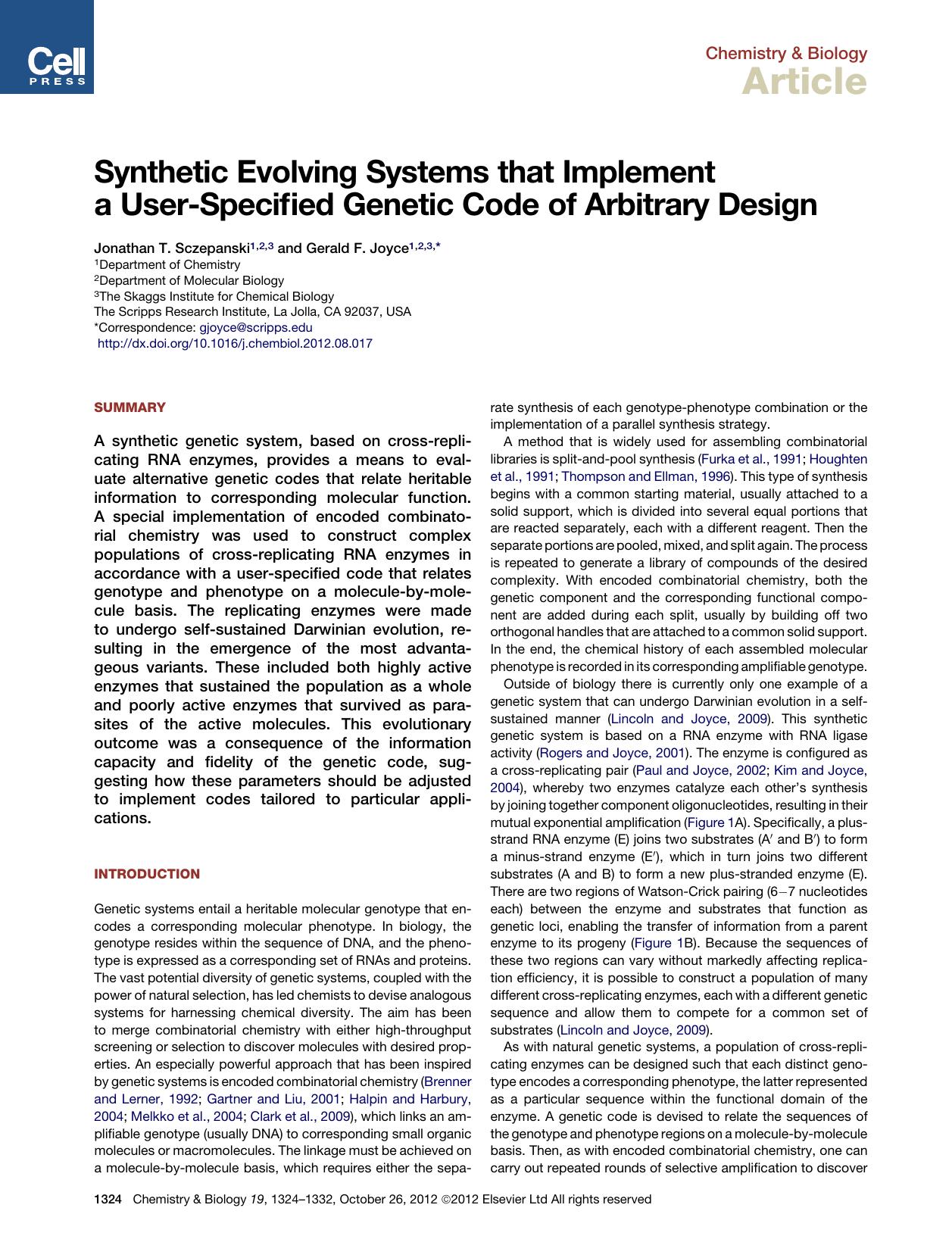 Synthetic Evolving Systems that Implement a User-Specified Genetic Code of Arbitrary Design by Jonathan T. Sczepanski & Gerald F. Joyce