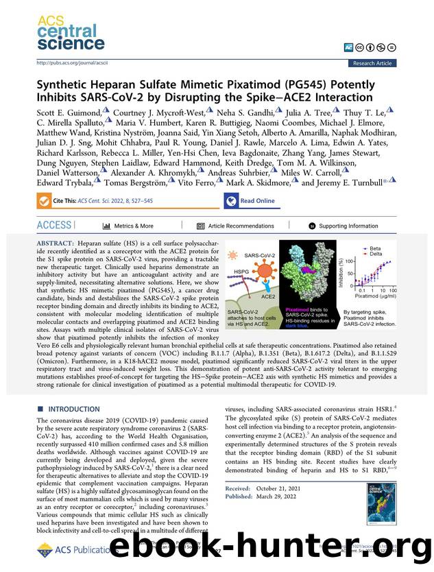 Synthetic Heparan Sulfate Mimetic Pixatimod (PG545) Potently Inhibits SARS-CoVâ2 by Disrupting the SpikeâACE2 Interaction by unknow