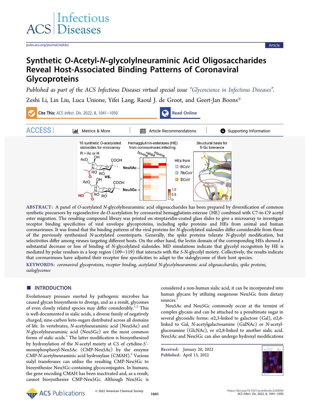 Synthetic O-Acetyl-N-glycolylneuraminic Acid Oligosaccharides Reveal Host-Associated Binding Patterns of Coronaviral Glycoproteins by Zeshi Li Lin Liu Luca Unione Yifei Lang Raoul J. de Groot and Geert-Jan Boons