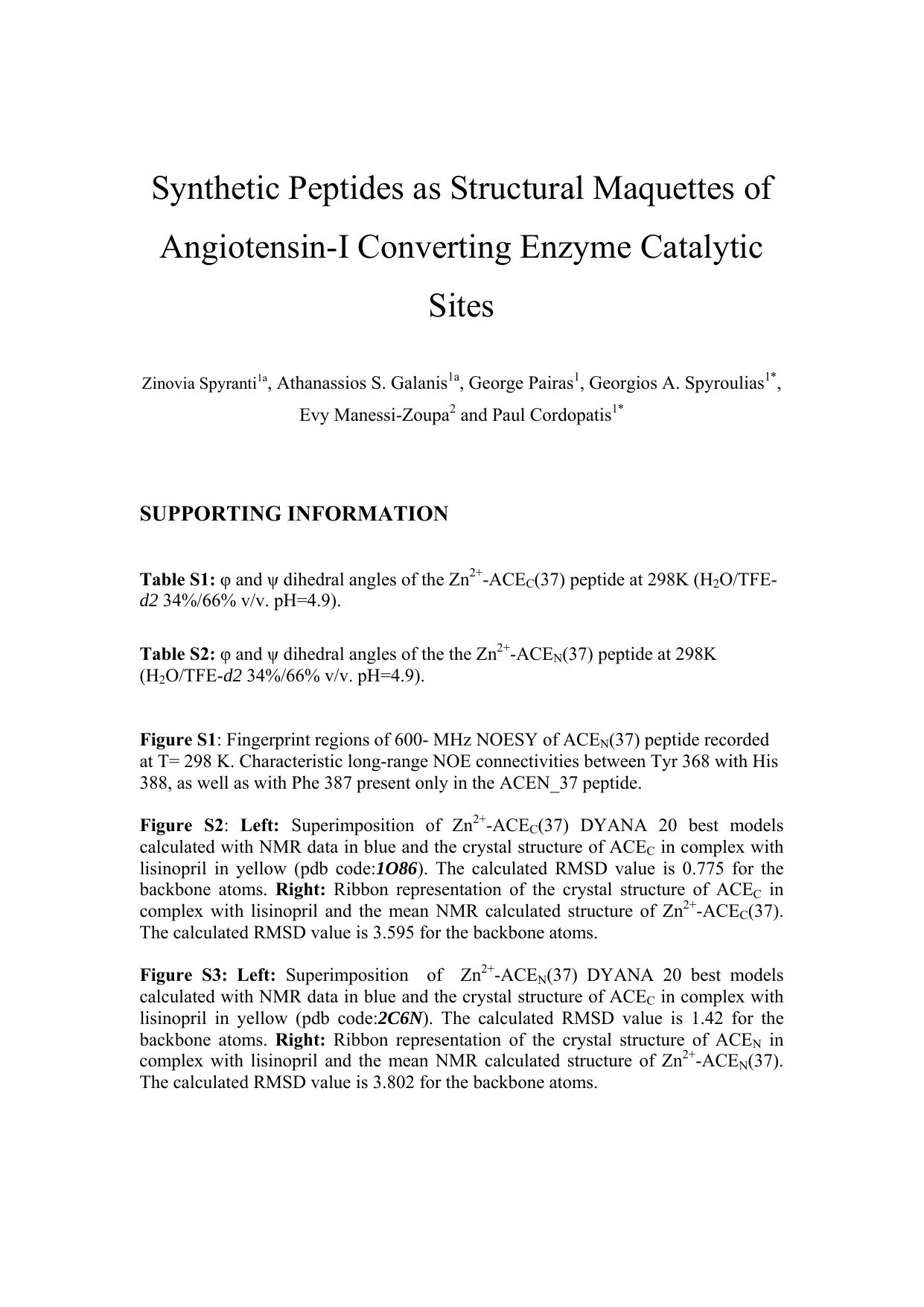 Synthetic Peptides as Structural Maquettes of Angiotensin-I Converting Enzyme Catalytic Sites by ZINIA SPYRANTI