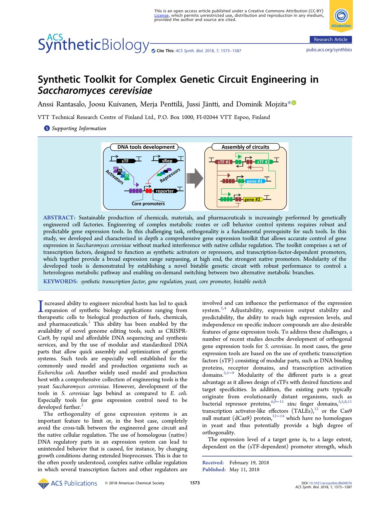 Synthetic Toolkit for Complex Genetic Circuit Engineering in Saccharomyces cerevisiae by Anssi Rantasalo Joosu Kuivanen Merja Penttilä Jussi Jäntti and Dominik Mojzita