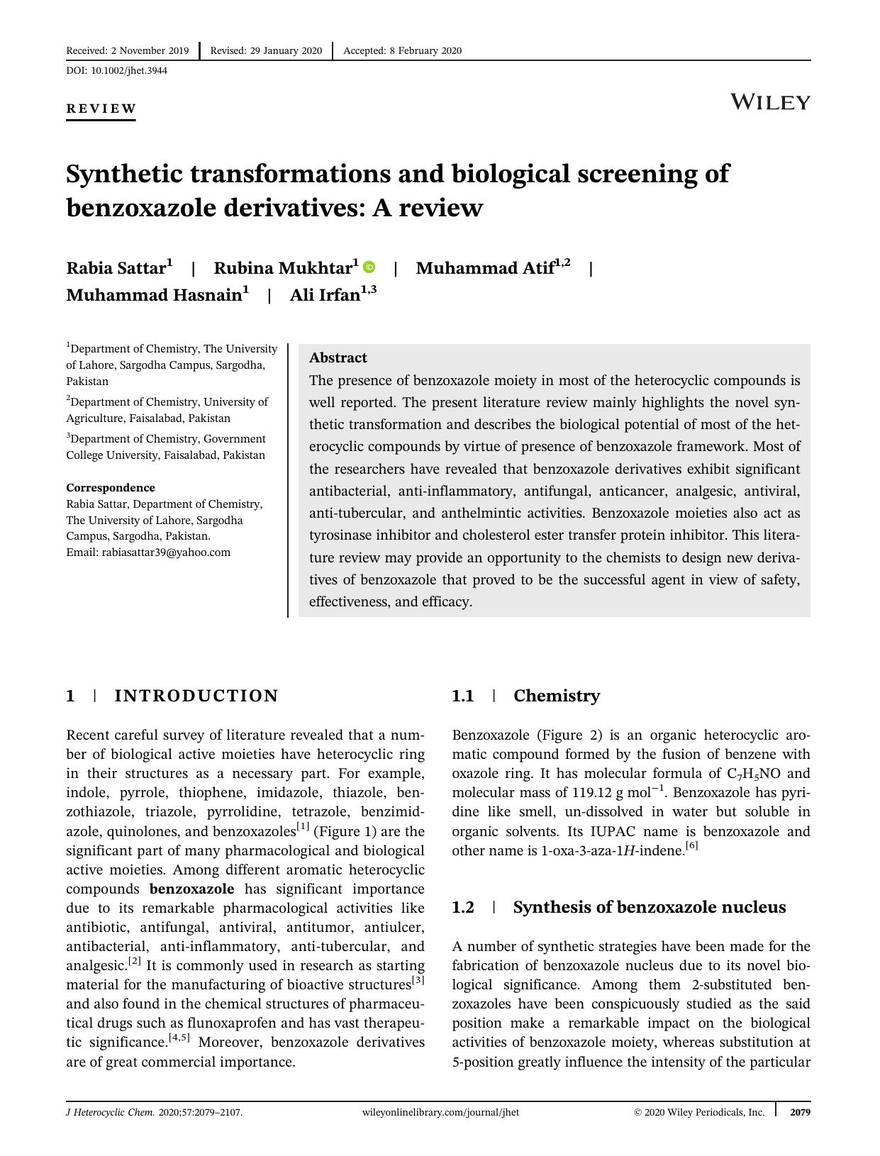 Synthetic Transformations and Biological Screening of Benzoxazole Derivatives: A Review by Unknown