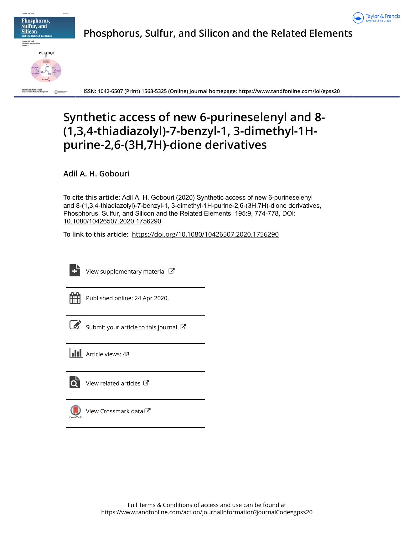 Synthetic access of new 6-purineselenyl and 8-(1,3,4-thiadiazolyl)-7-benzyl-1, 3-dimethyl-1H-purine-2,6-(3H,7H)-dione derivatives by Gobouri Adil A. H