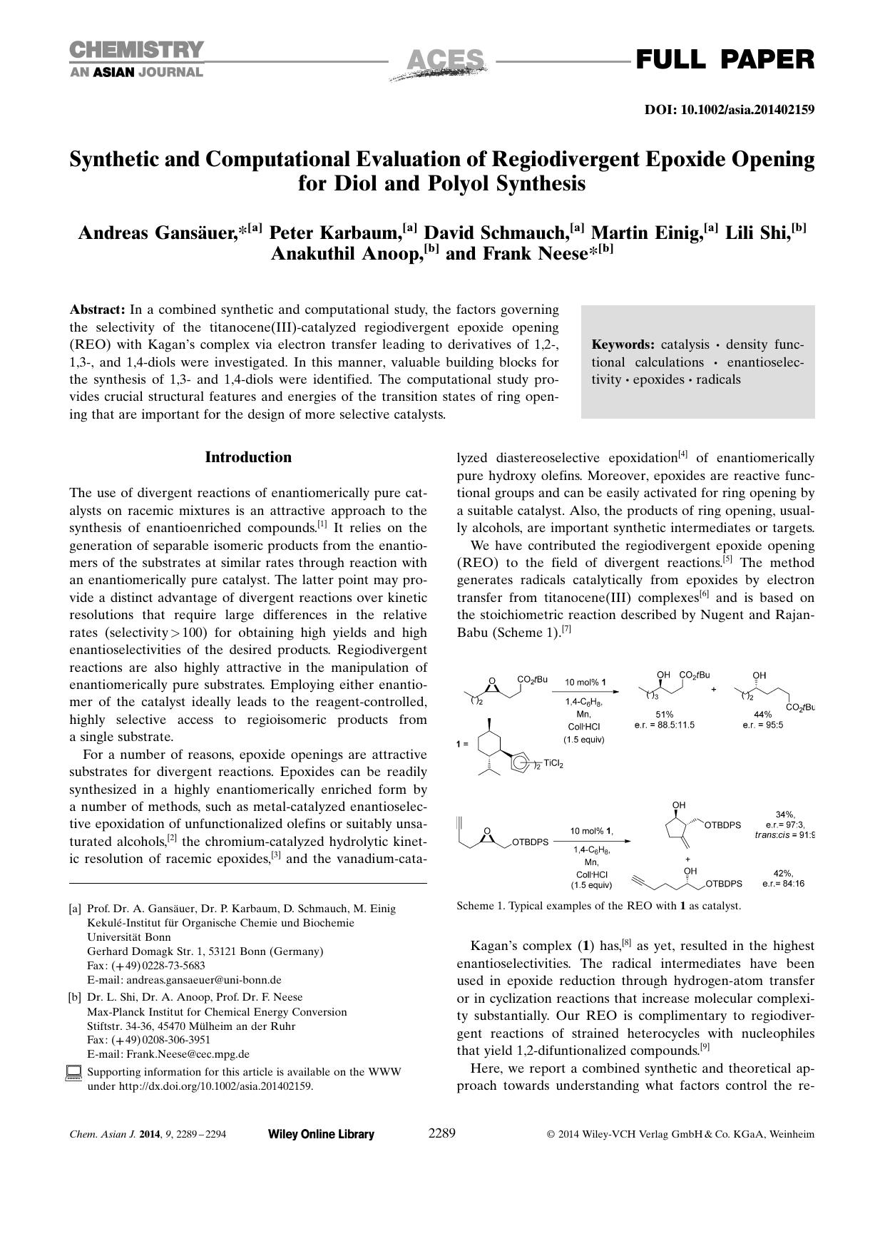 Synthetic and Computational Evaluation of Regiodivergent Epoxide Opening for Diol and Polyol Synthesis by Unknown