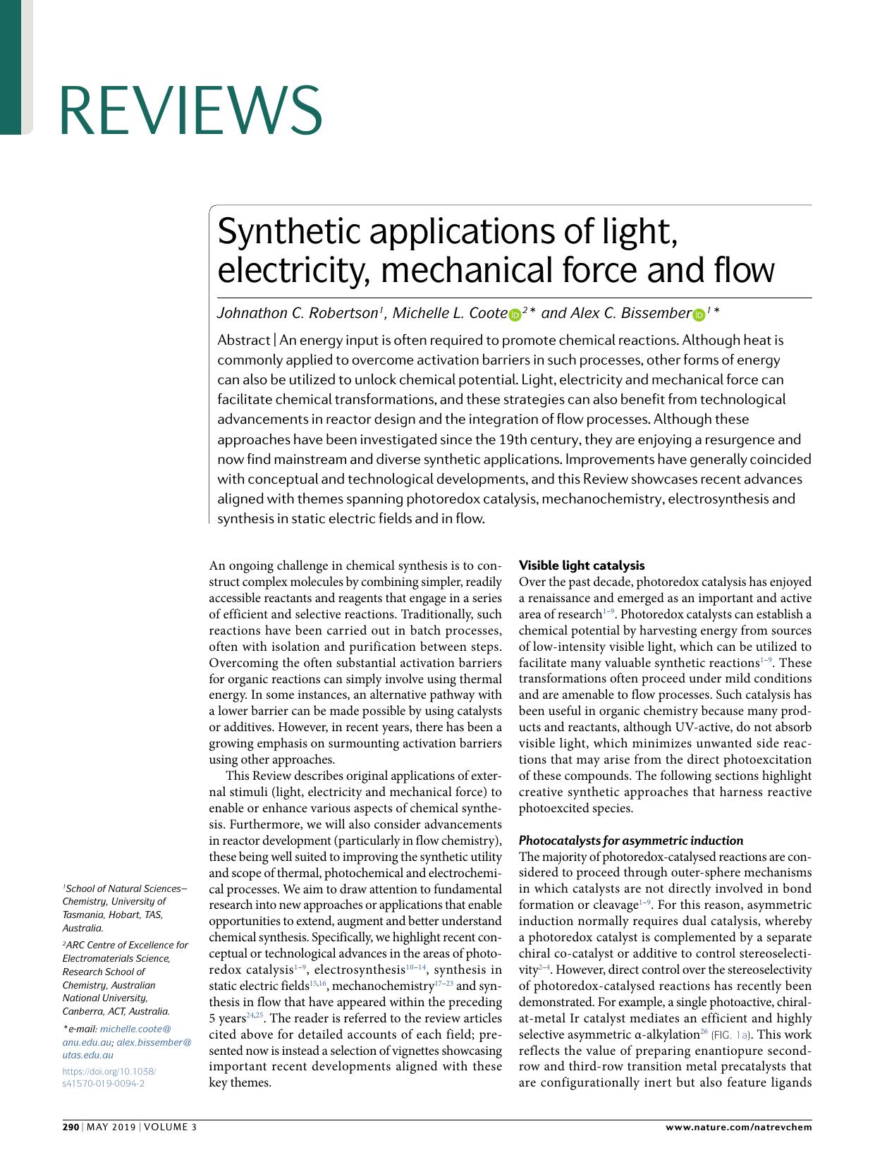 Synthetic applications of light, electricity, mechanical force and flow by Johnathon C. Robertson & Michelle L. Coote & Alex C. Bissember