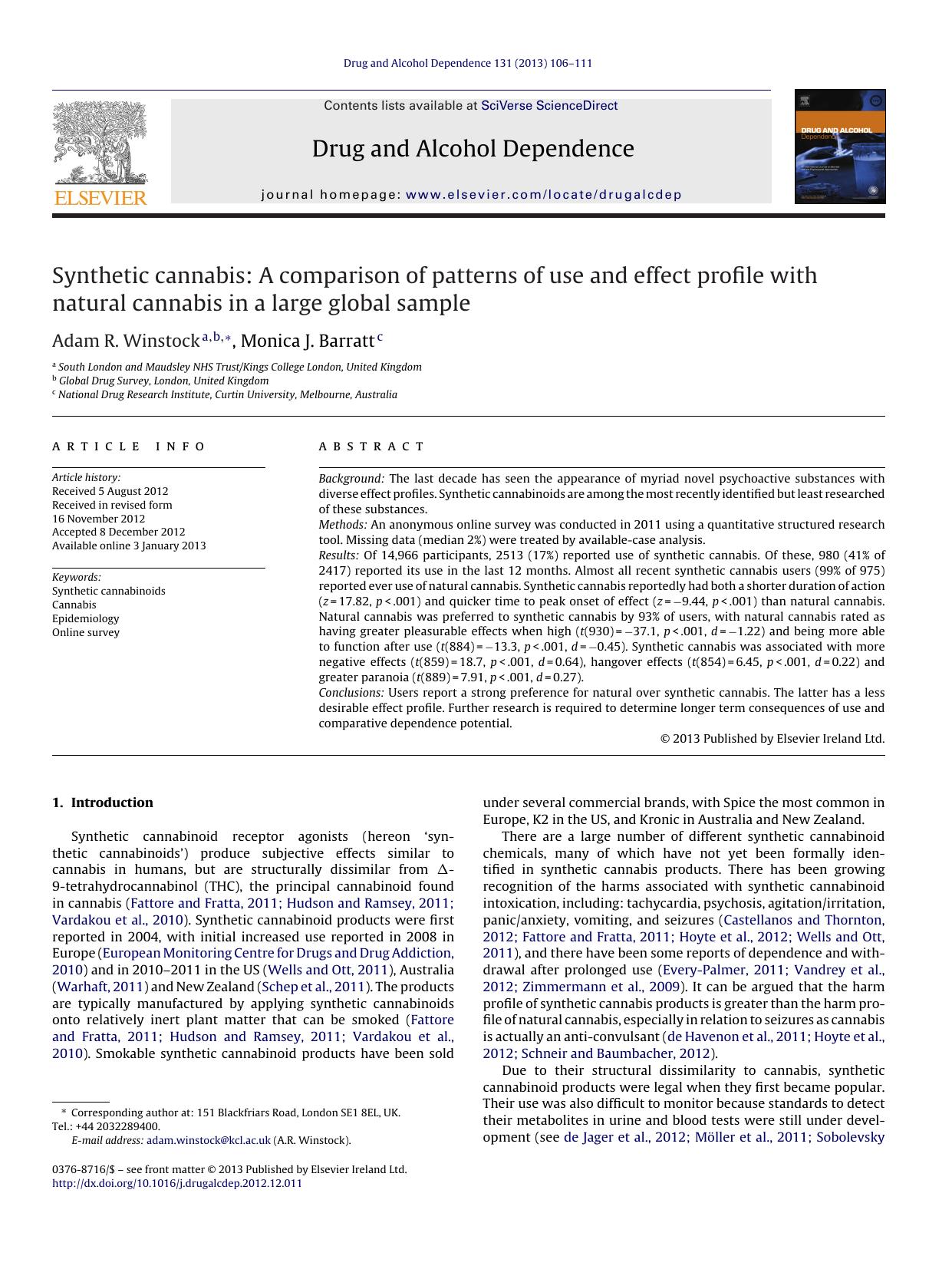 Synthetic cannabis: A comparison of patterns of use and effect profile with natural cannabis in a large global sample by Adam R. Winstock