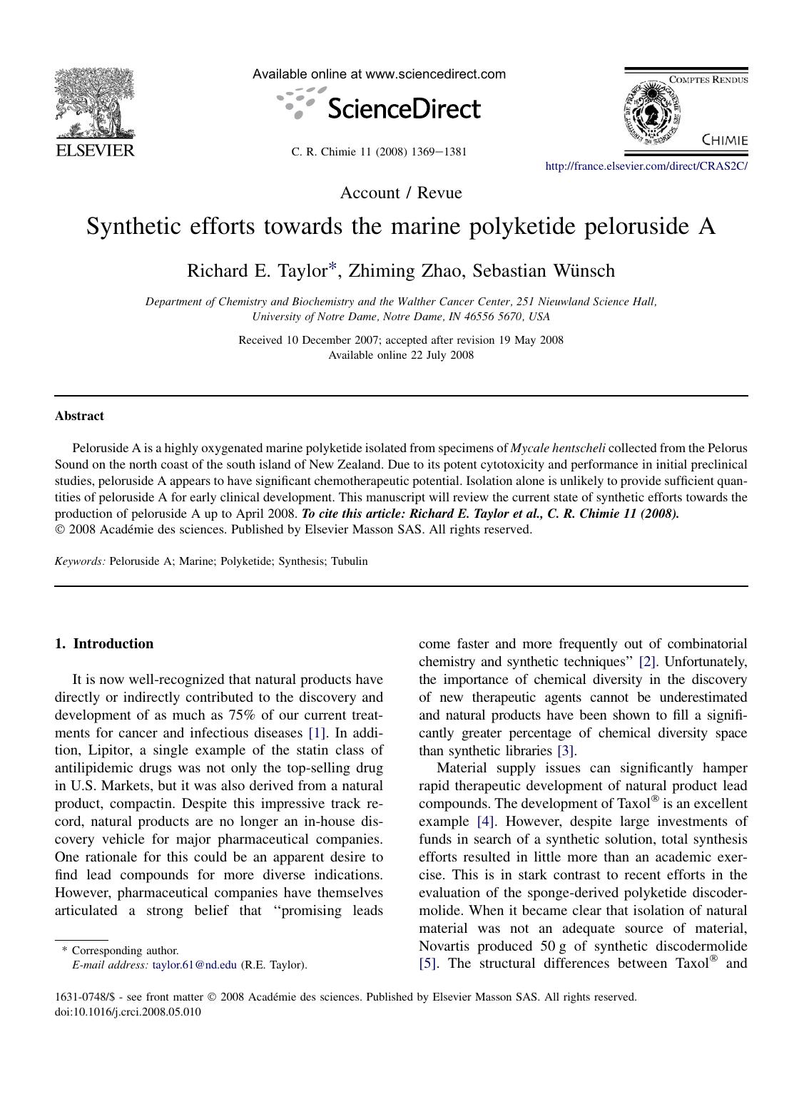 Synthetic efforts towards the marine polyketide peloruside A by Richard E. Taylor; Zhiming Zhao; Sebastian Wünsch