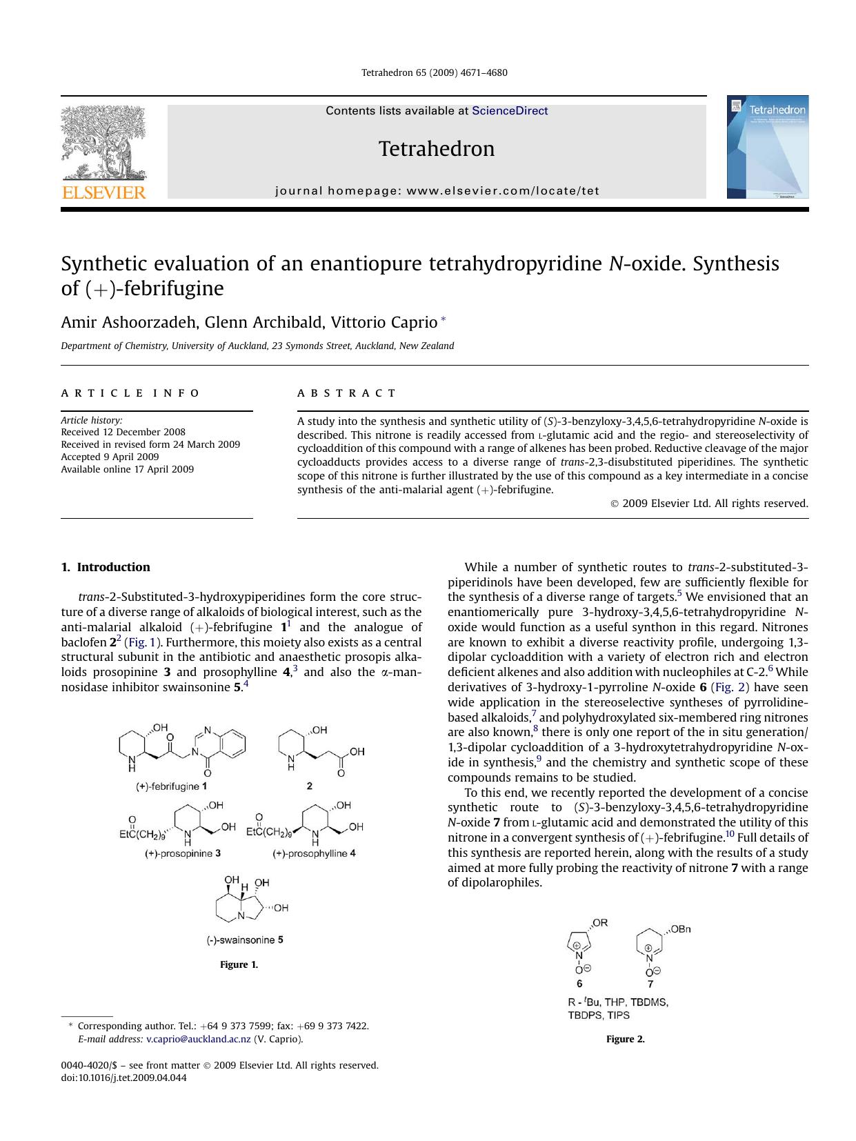 Synthetic evaluation of an enantiopure tetrahydropyridine N-oxide. Synthesis of (+)-febrifugine by Amir Ashoorzadeh; Glenn Archibald; Vittorio Caprio