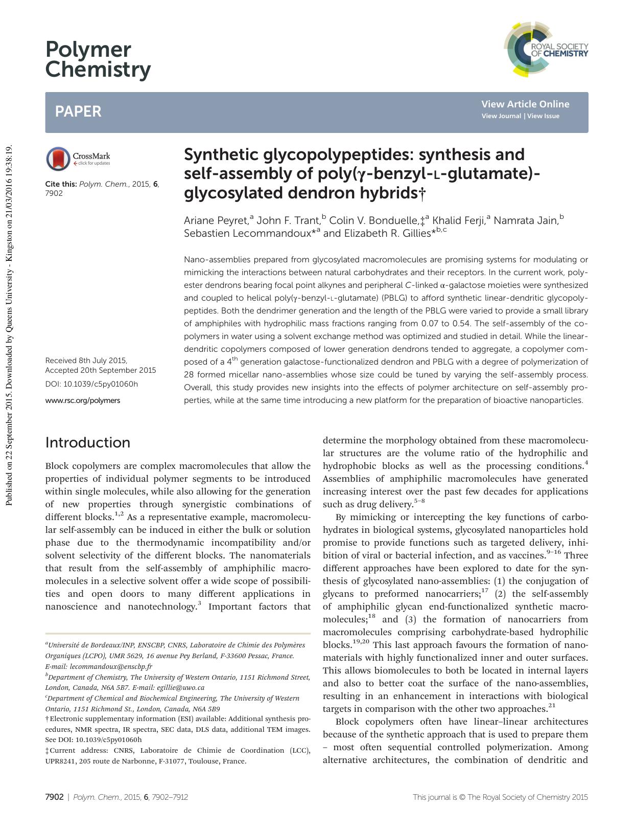Synthetic glycopolypeptides: synthesis and self-assembly of poly(Î³-benzyl-L-glutamate)-glycosylated dendron hybrids by unknow