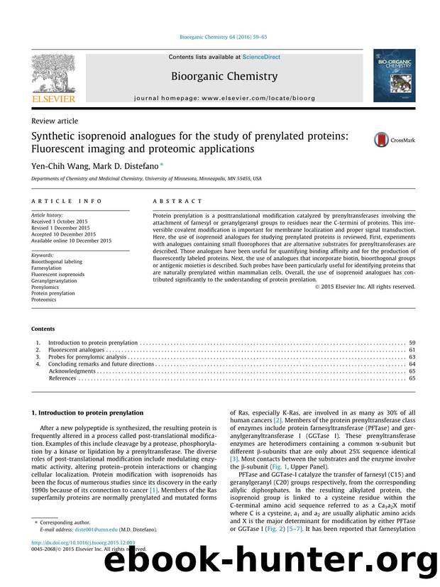 Synthetic isoprenoid analogues for the study of prenylated proteins: Fluorescent imaging and proteomic applications by Yen-Chih Wang & Mark D. Distefano