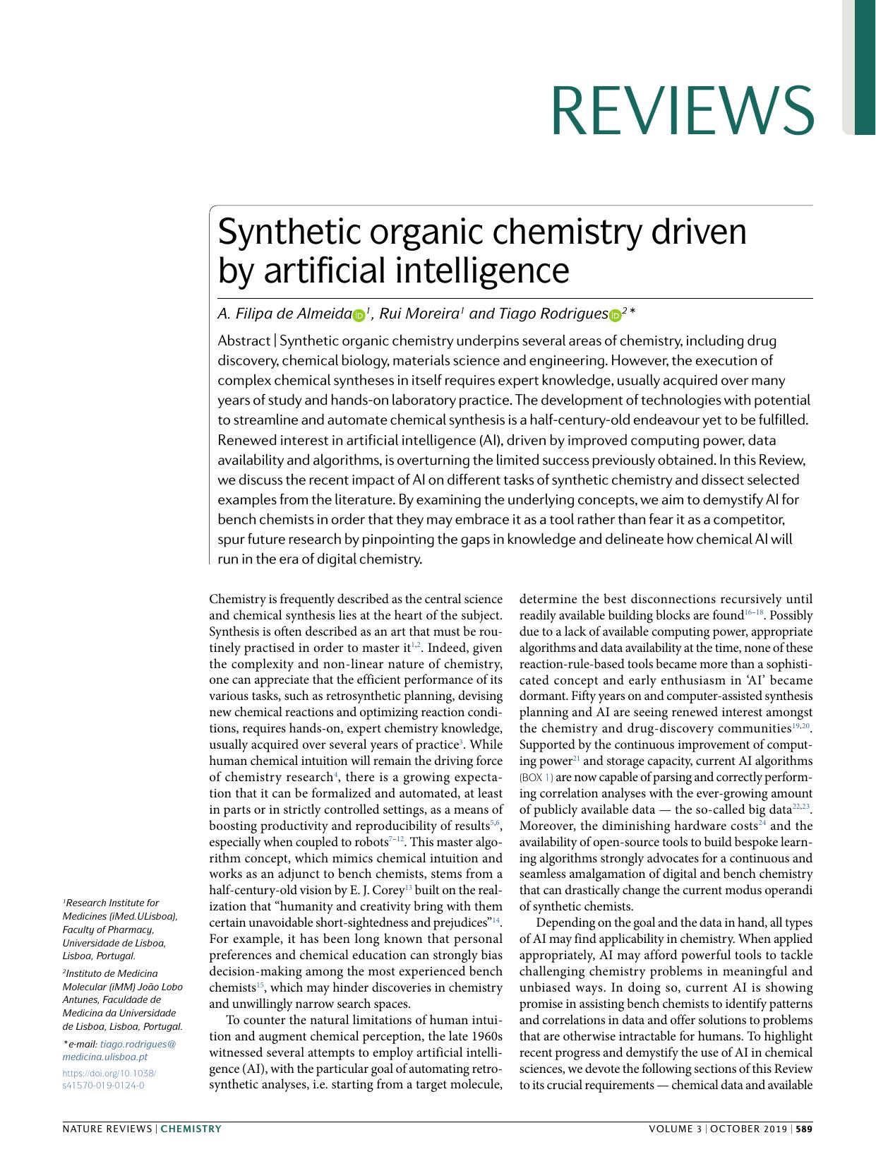 Synthetic organic chemistry driven by artificial intelligence by A. Filipa Almeida & Rui Moreira & Tiago Rodrigues