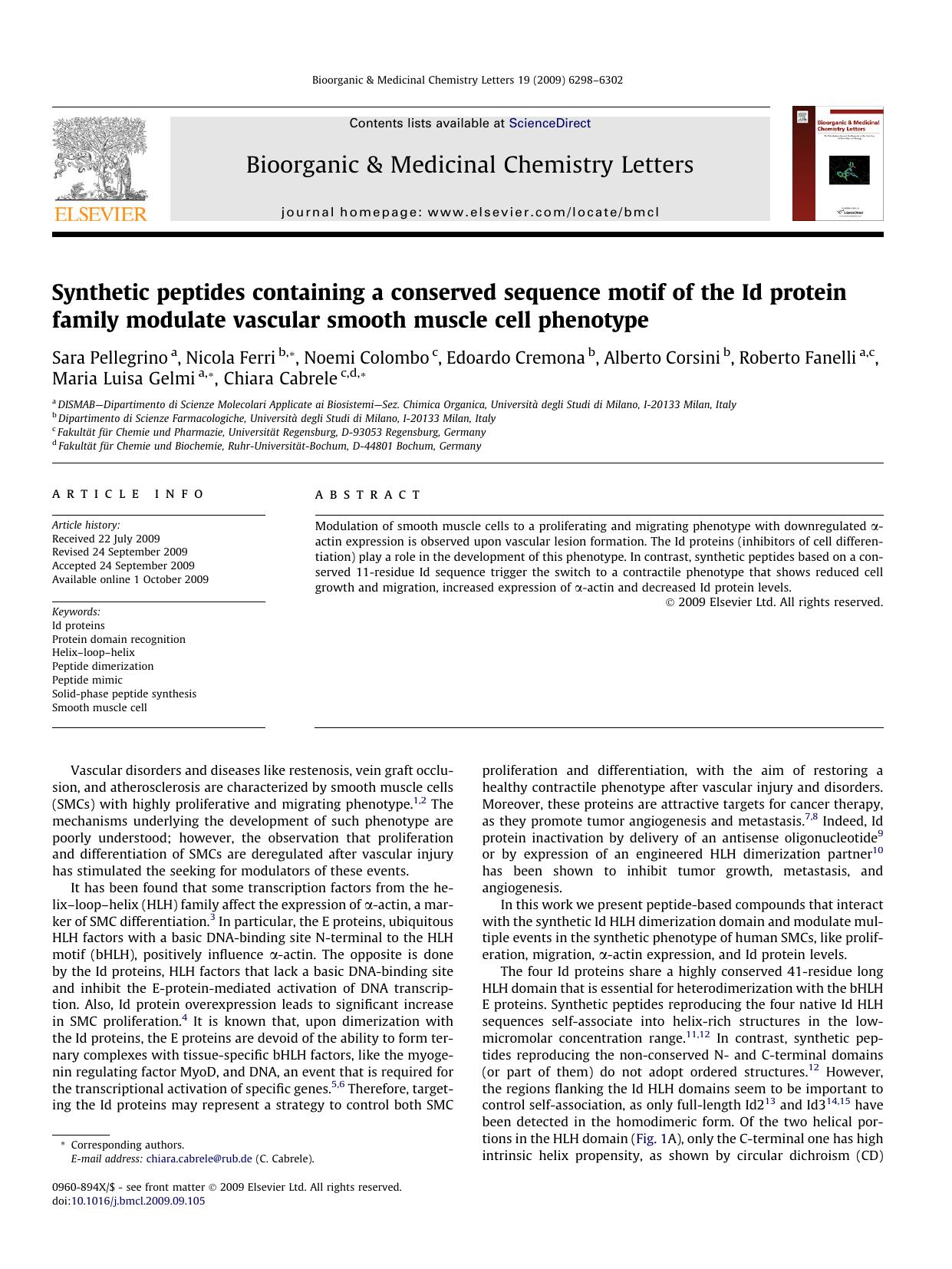 Synthetic peptides containing a conserved sequence motif of the Id protein family modulate vascular smooth muscle cell phenotype by unknow