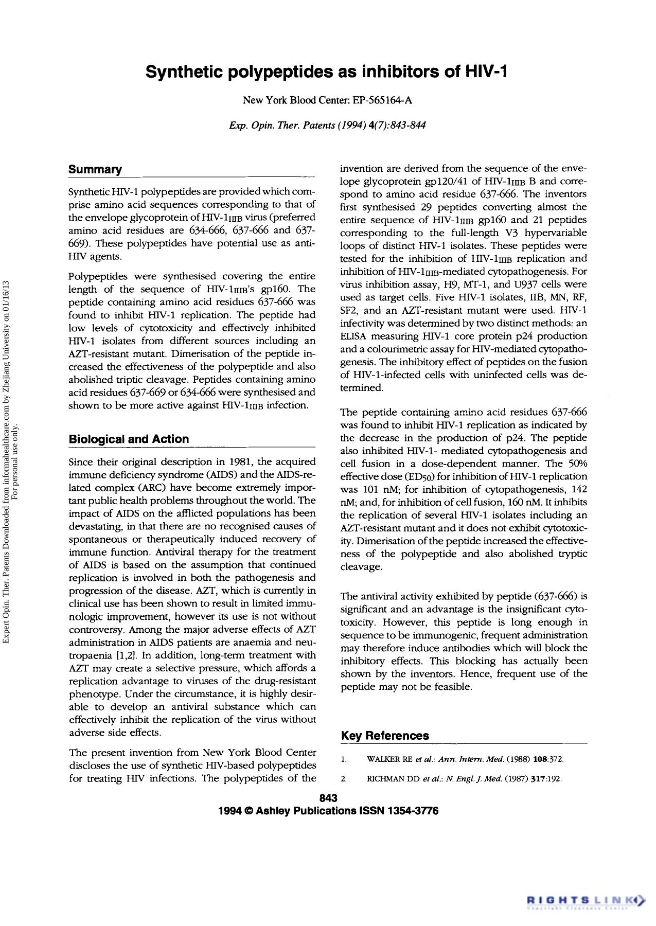 Synthetic polypeptides as inhibitors of HIV-1 by Unknown