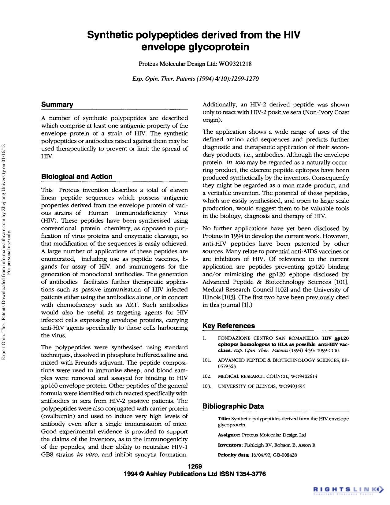 Synthetic polypeptides derived from the HIV envelope glycoprotein by Unknown