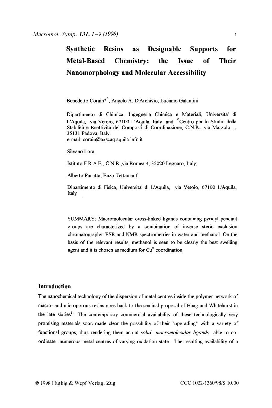 Synthetic resins as designable supports for metalbased chemistry: The issue of their nanomorphology and molecular accessibility by Unknown